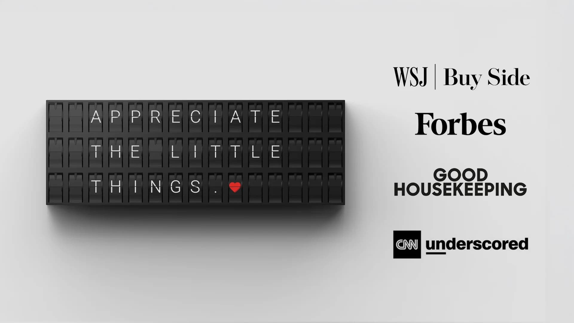 Vestaboard Note displaying APPRECIATE THE LITTLE THINGS with a heart, beside WSJ Buy Side, Forbes, Good Housekeeping and CNN Underscored logos