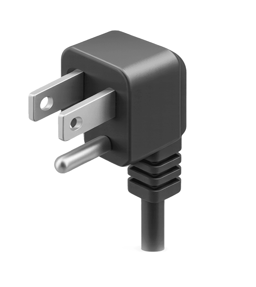 Black power cord with a right-angled North American three-prong plug