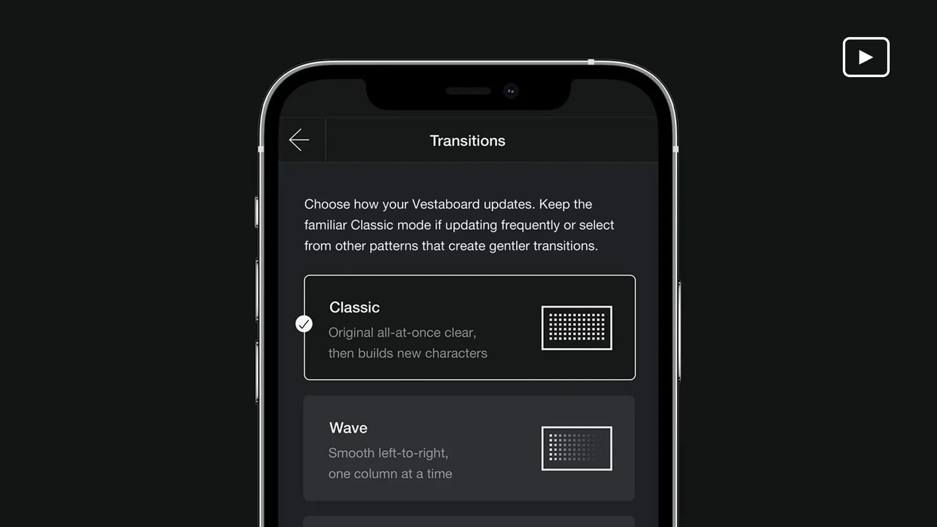 Vestaboard app Transitions screen showing the Classic and Wave options, with a play button